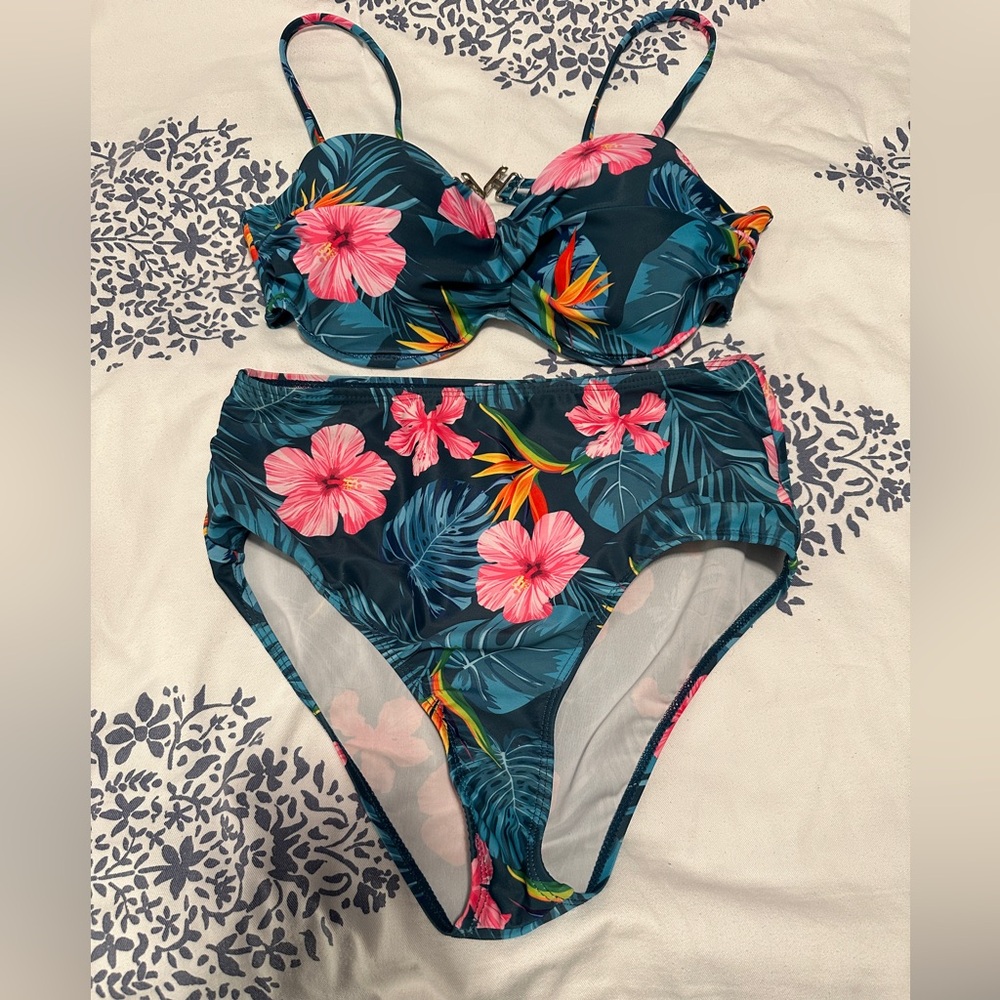 Floral Print Bikini Set - Pink and Green Small
